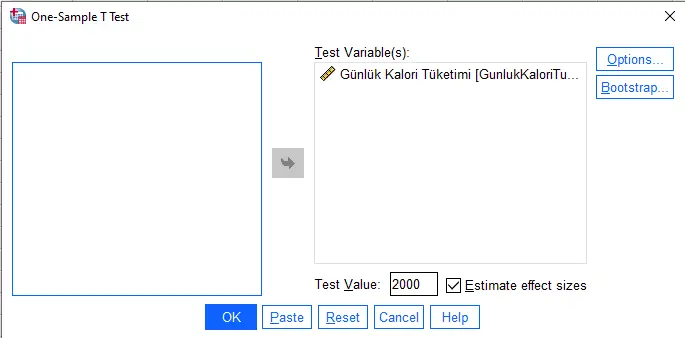 One Sample T-Test arayüzü