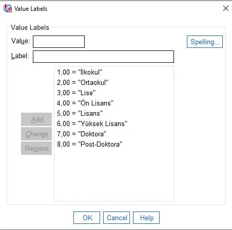 SPSS'te kategorik değişken ataması nasıl yapılır? "Values" sütunu nasıl kullanılır?